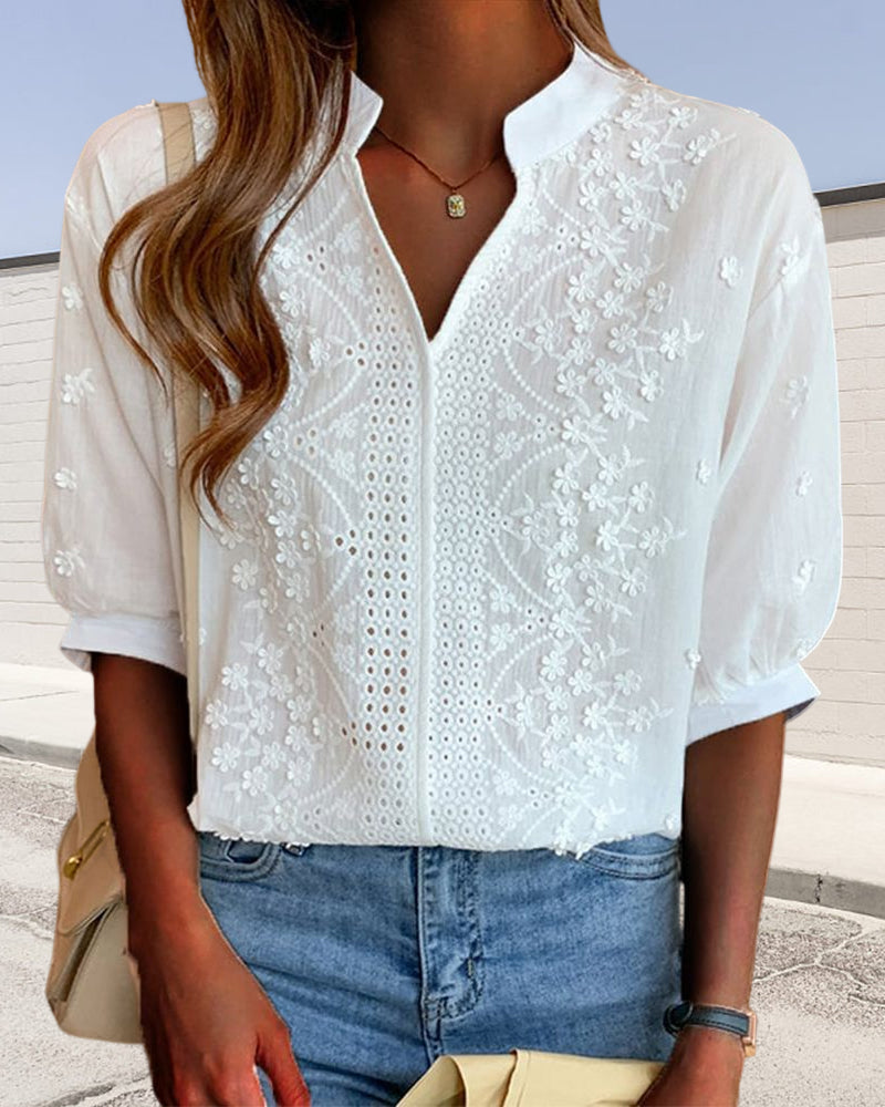 Blusa Casual de Escote en V con Detalles Bordados para Mujer