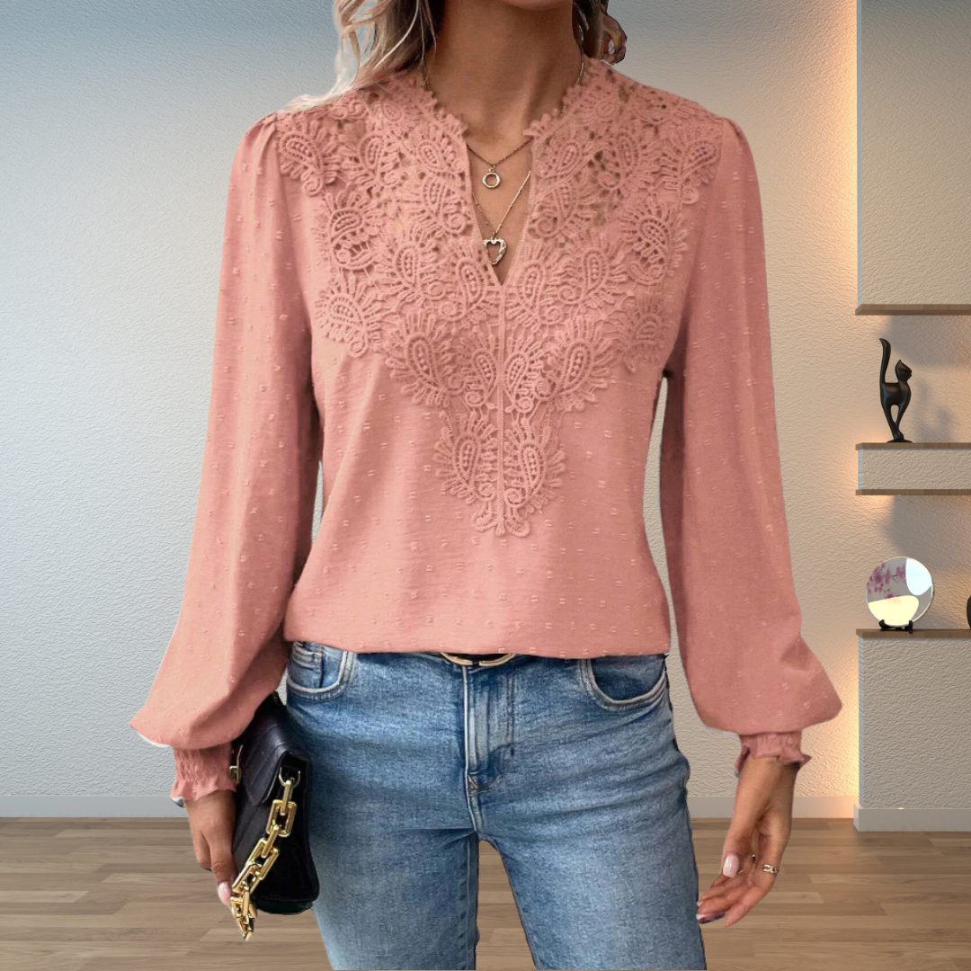 Blusa Elegante de Manga Larga con Escote en V y Aplicaciones Florales