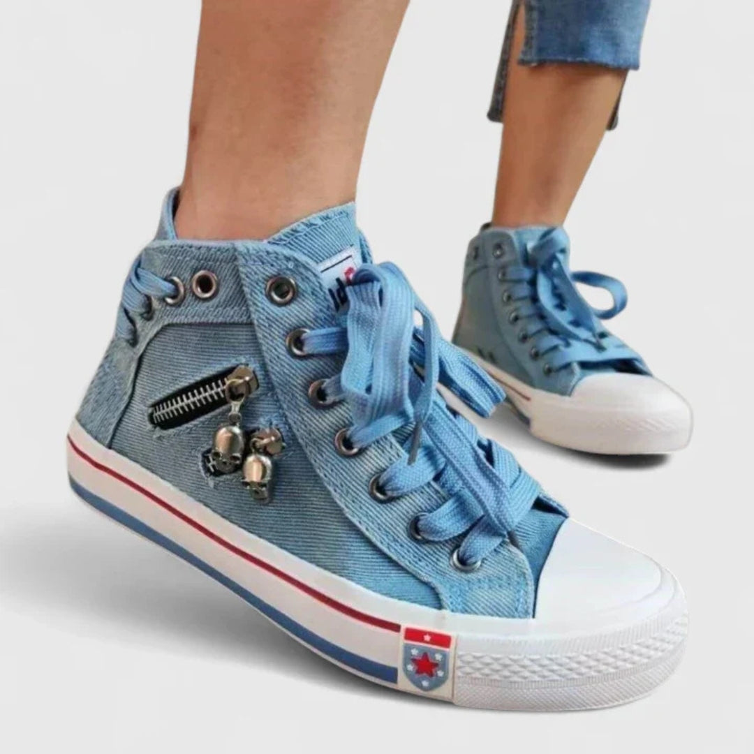 Tenis de caña alta en mezclilla para mujer
