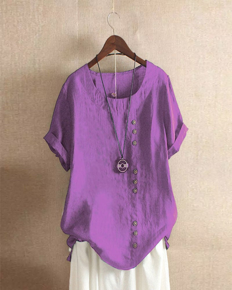 Blusa fresca de corte fluido con botones laterales para mujer