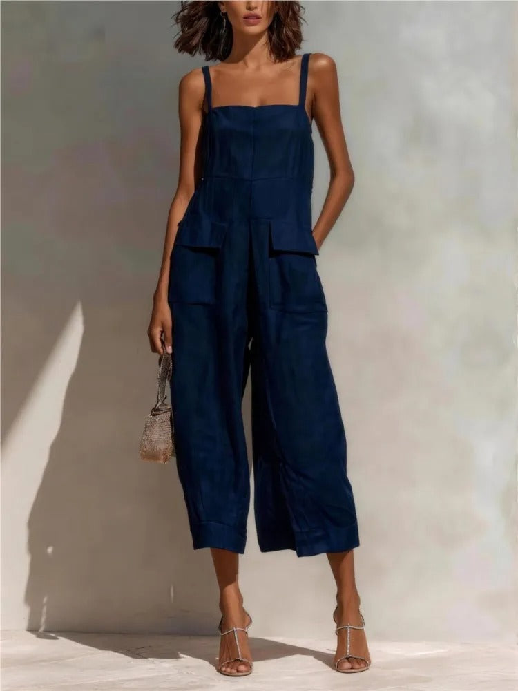 Vestido midi de lino para mujer con cinturón ajustable y bolsillos prácticos