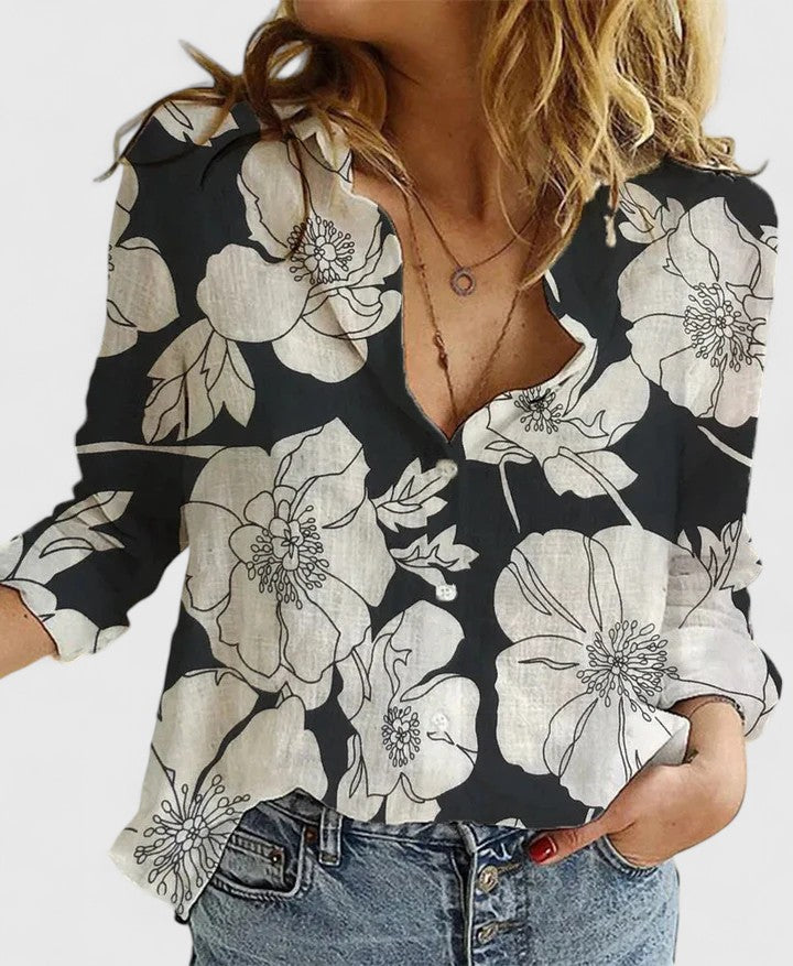 Blusa Holgada de Lino con Cuello en V y Botonadura Frontal