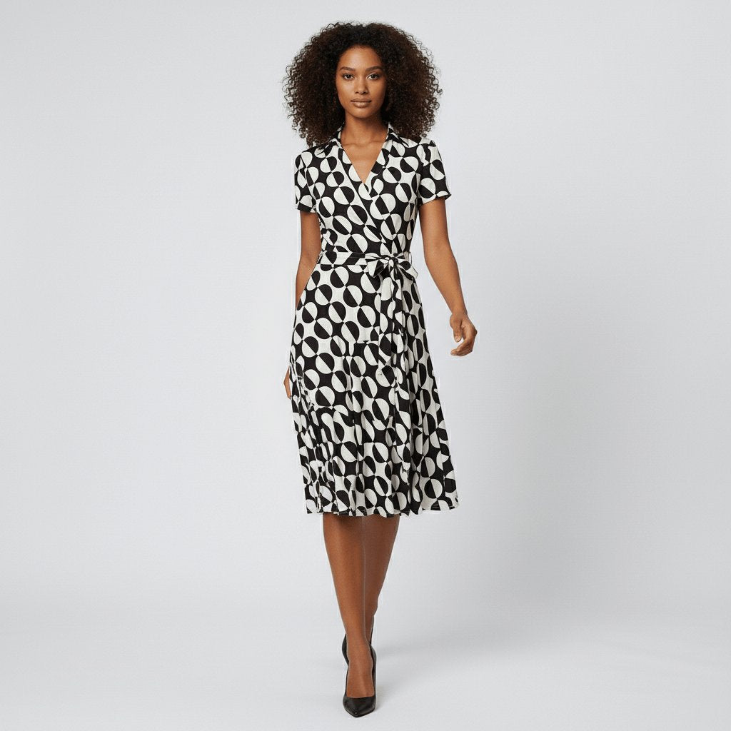 Vestido midi acampanado estilo cruzado con escote en V y lazo ajustable