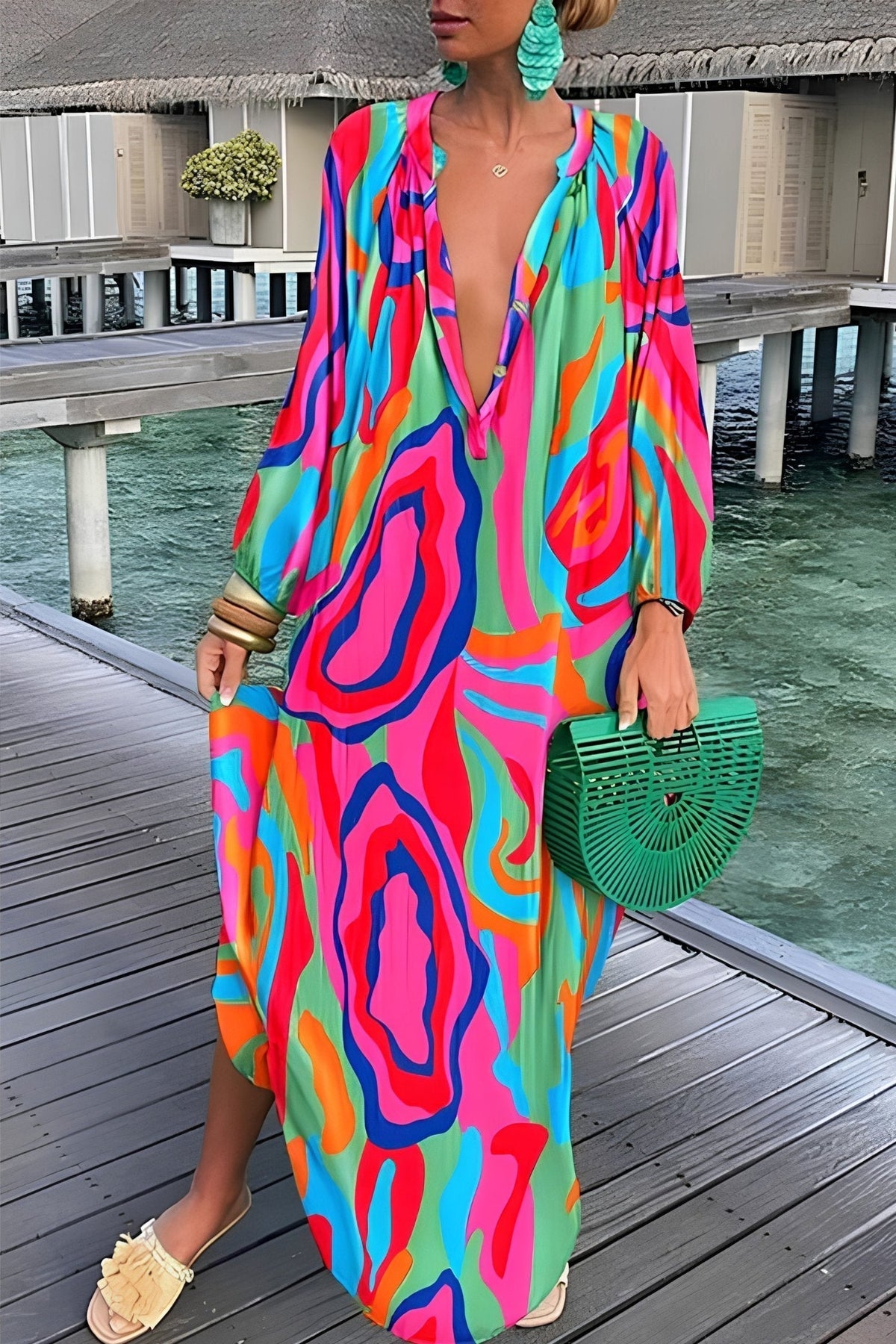 Vestido largo holgado tipo caftán con escote en V y estampado abstracto para mujer