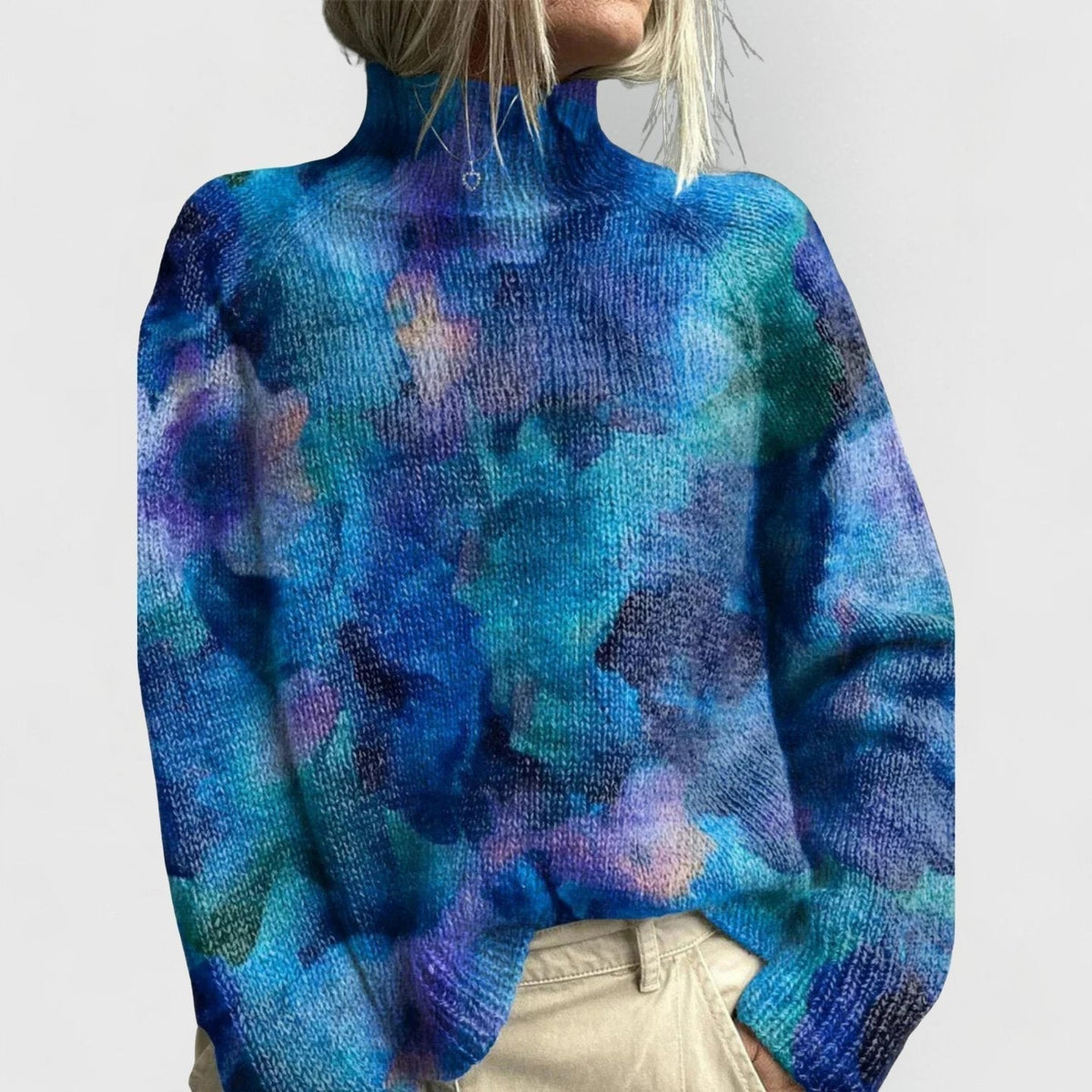 Suéter holgado de punto para mujer con cuello alto y motivos florales