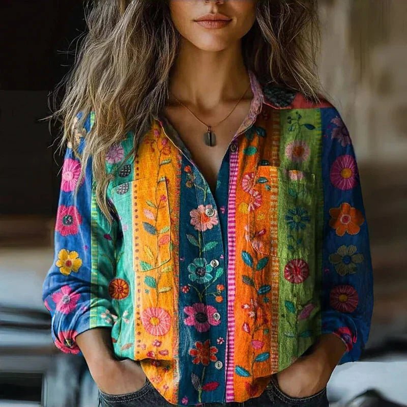 Camisa Casual Manga Larga con Estampado Paisley y Botonadura para Mujer