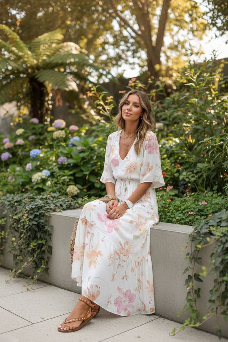 Vestido Maxi Estilo Boho con Diseño Floral y Escote en V con Pretina Regulable
