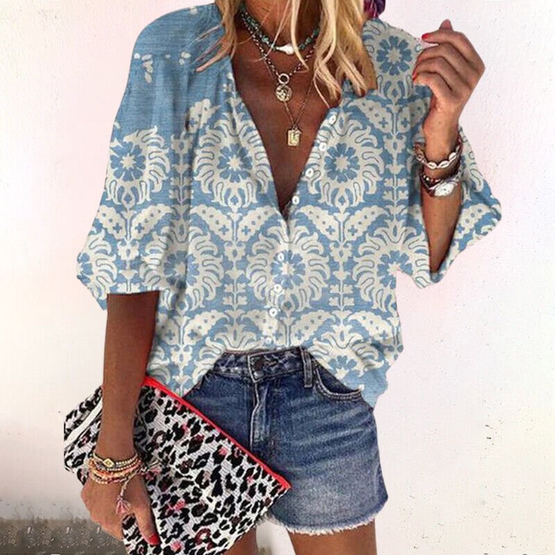 Blusa Fluida Estilo Boho con Estampado Floral y Escote V