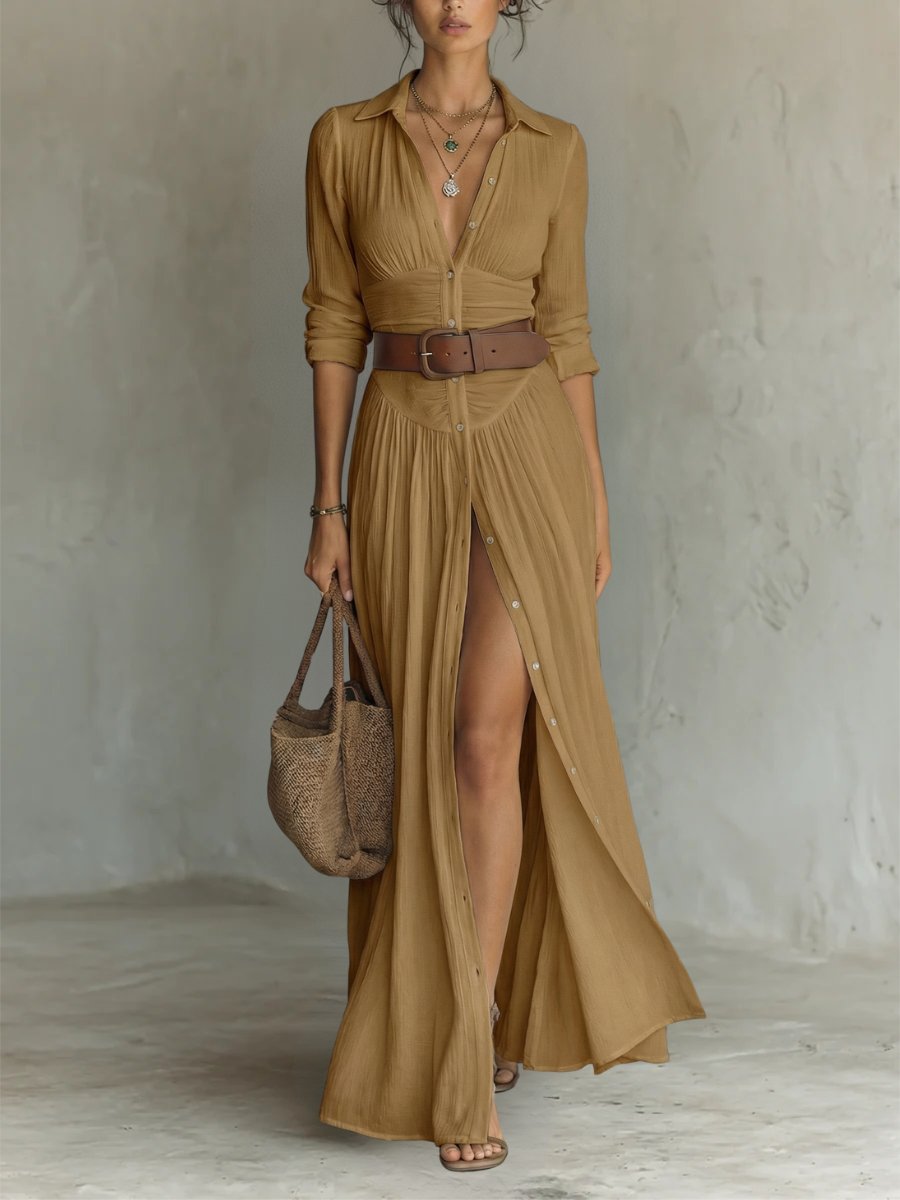 Vestido camisero largo de estilo bohemio con cinturón anudable