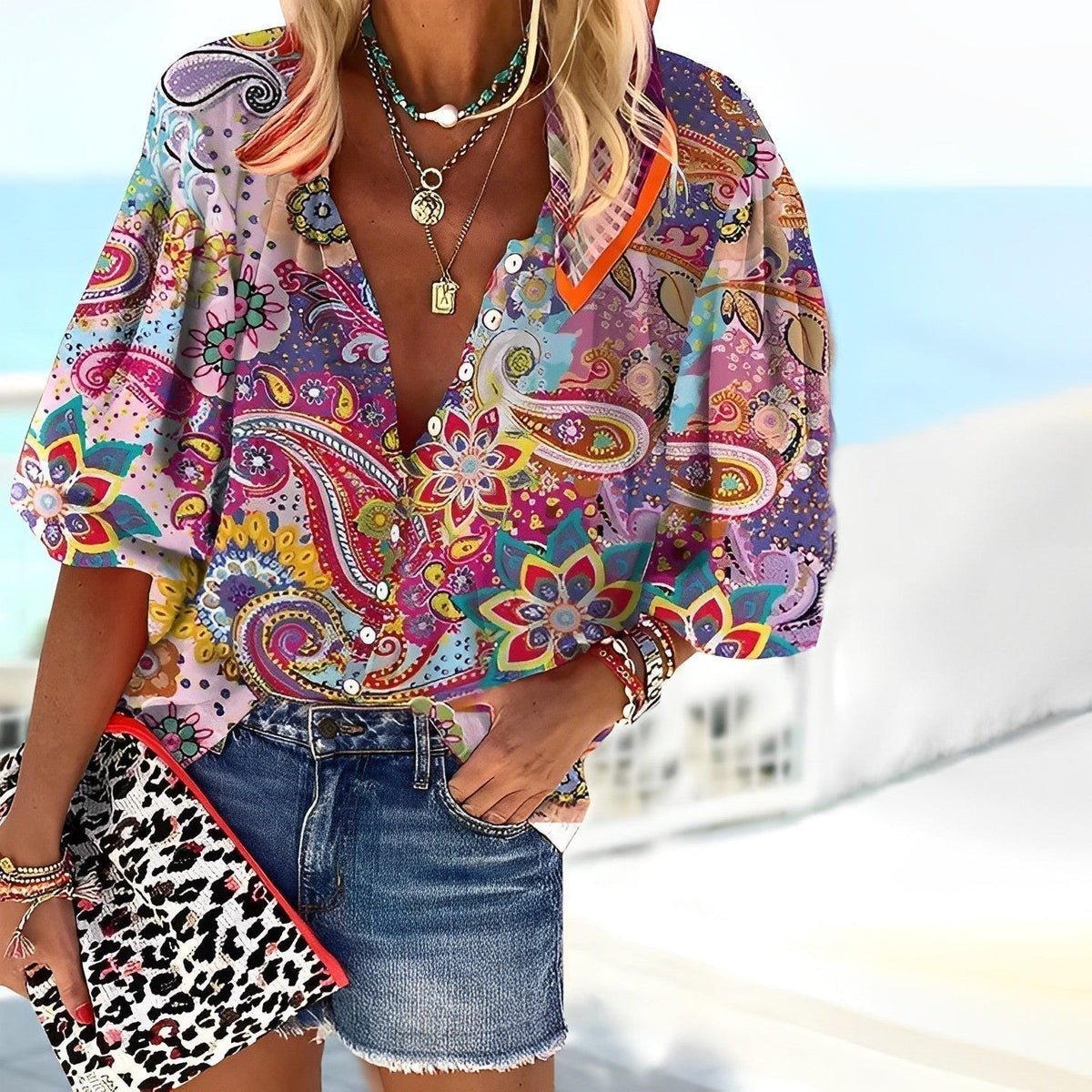 Camisa Holgada con Estampado Paisley y Escote en V para Mujer