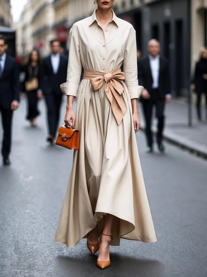 Vestido Maxi Estilo Camisero de Manga Larga con Cinto Anudable