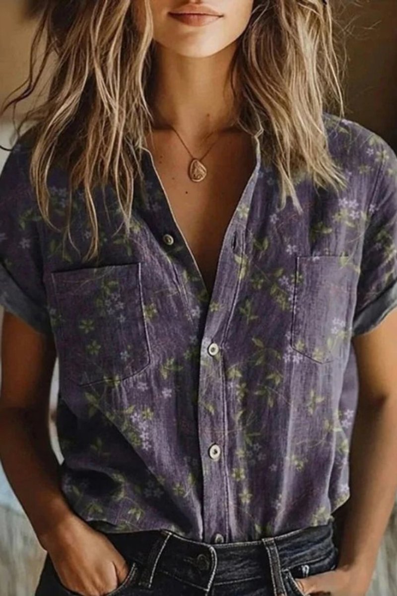 Camisa casual de algodón de manga corta con estampado floral y botones