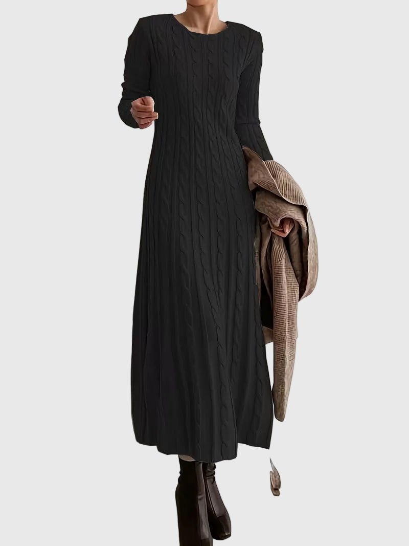 Vestido Largo Tejido con Diseño Trenzado y Cuello Redondo para Mujer