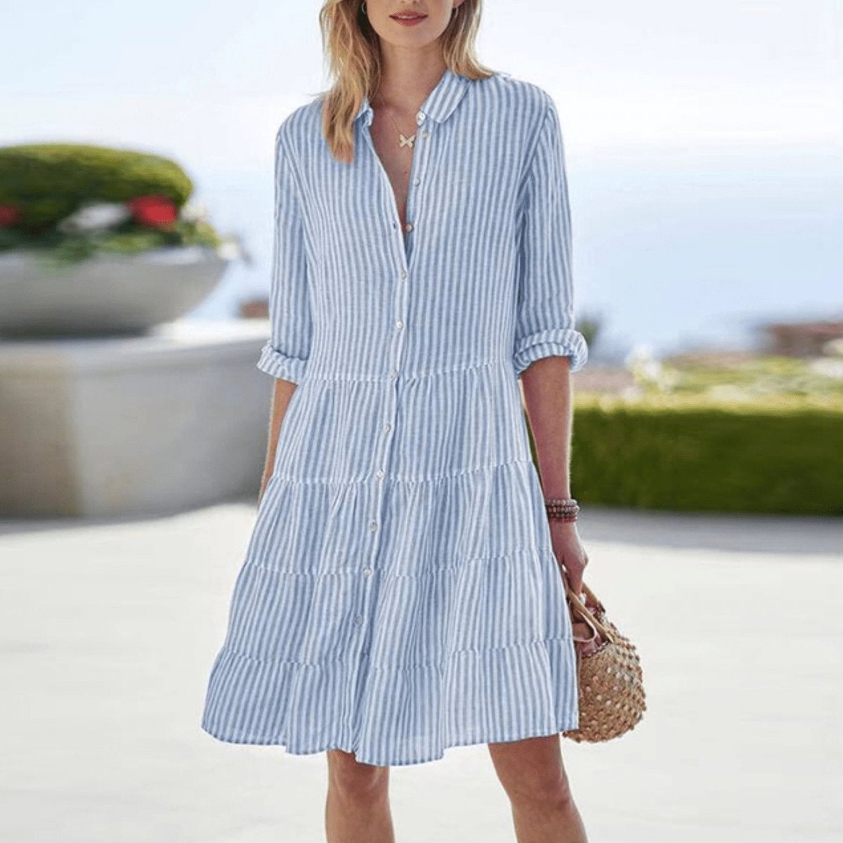 Vestido Camisero Escalonado a Rayas con Mangas 3/4 para Mujer
