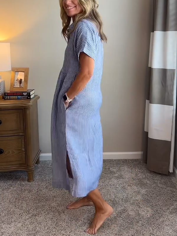 Vestido Midi Estilo Camisero a Rayas con Botonadura y Cinturón