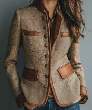 Chaqueta Entallada de Tweed con Vivos de Cuero Sintético y Botonadura Frontal para Mujer