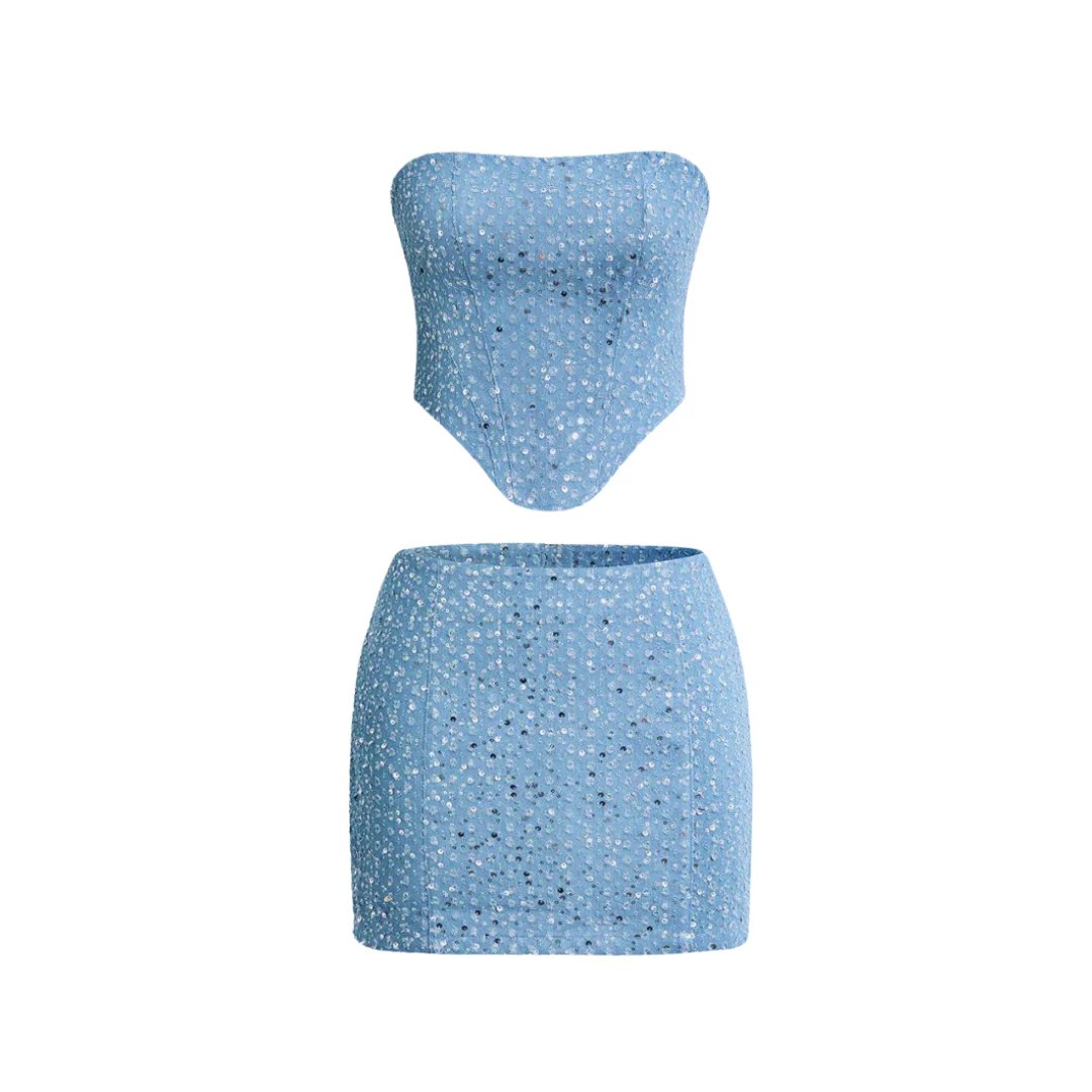 Set de Dos Piezas para Mujer con Top Strapless y Minifalda de Mezclilla con Lentejuelas