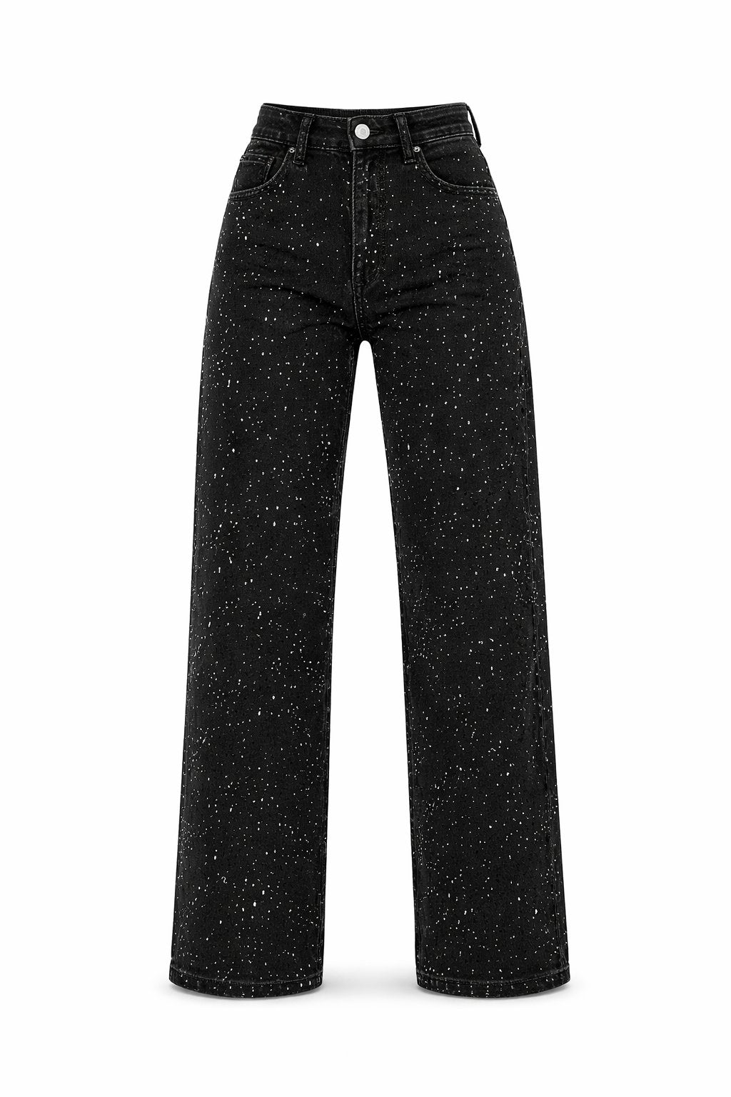 Pantalón de mezclilla tiro alto y pierna recta con detalles brillantes para mujer