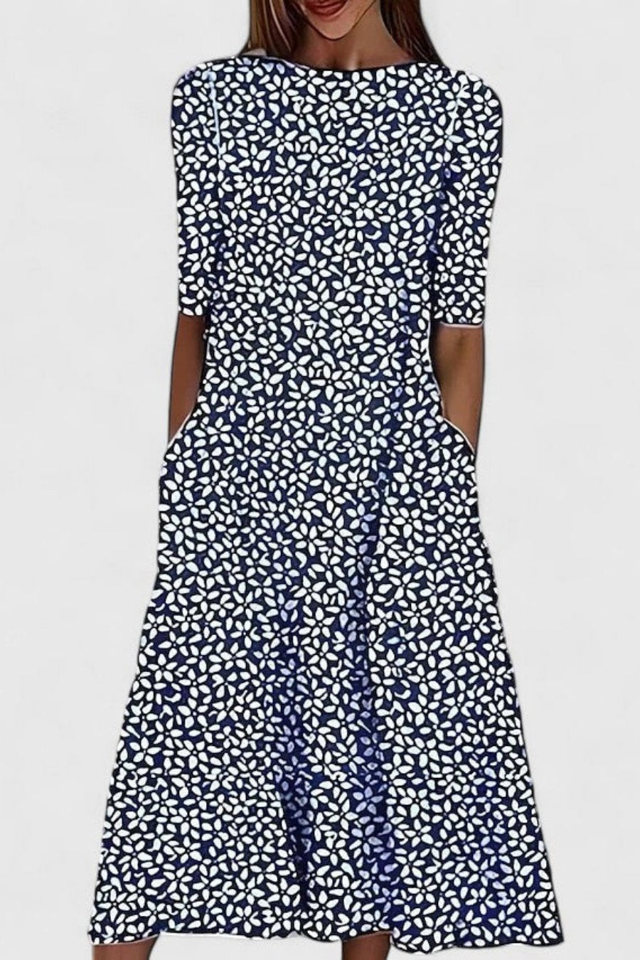 Vestido Midi Acampanado de Algodón con Manga Corta y Cuello Redondo
