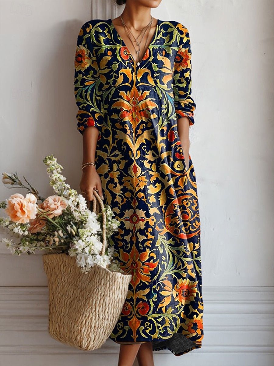 Vestido midi de algodón con cuello en V y diseño ornamental