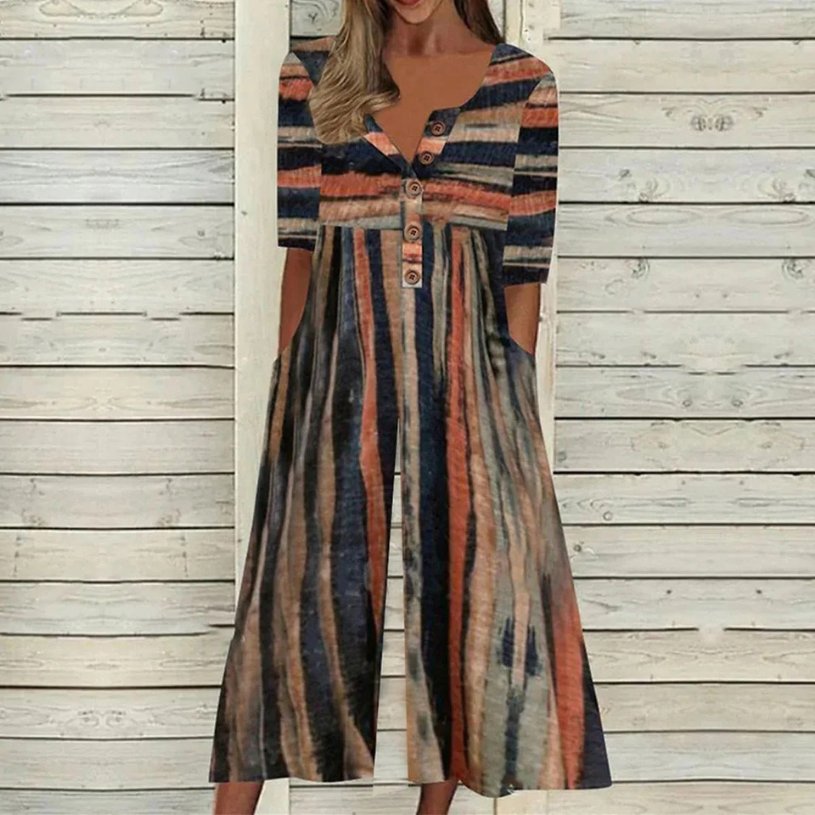 Enterizo Casual de Algodón con Pernera Culotte y Escote en V para Mujer