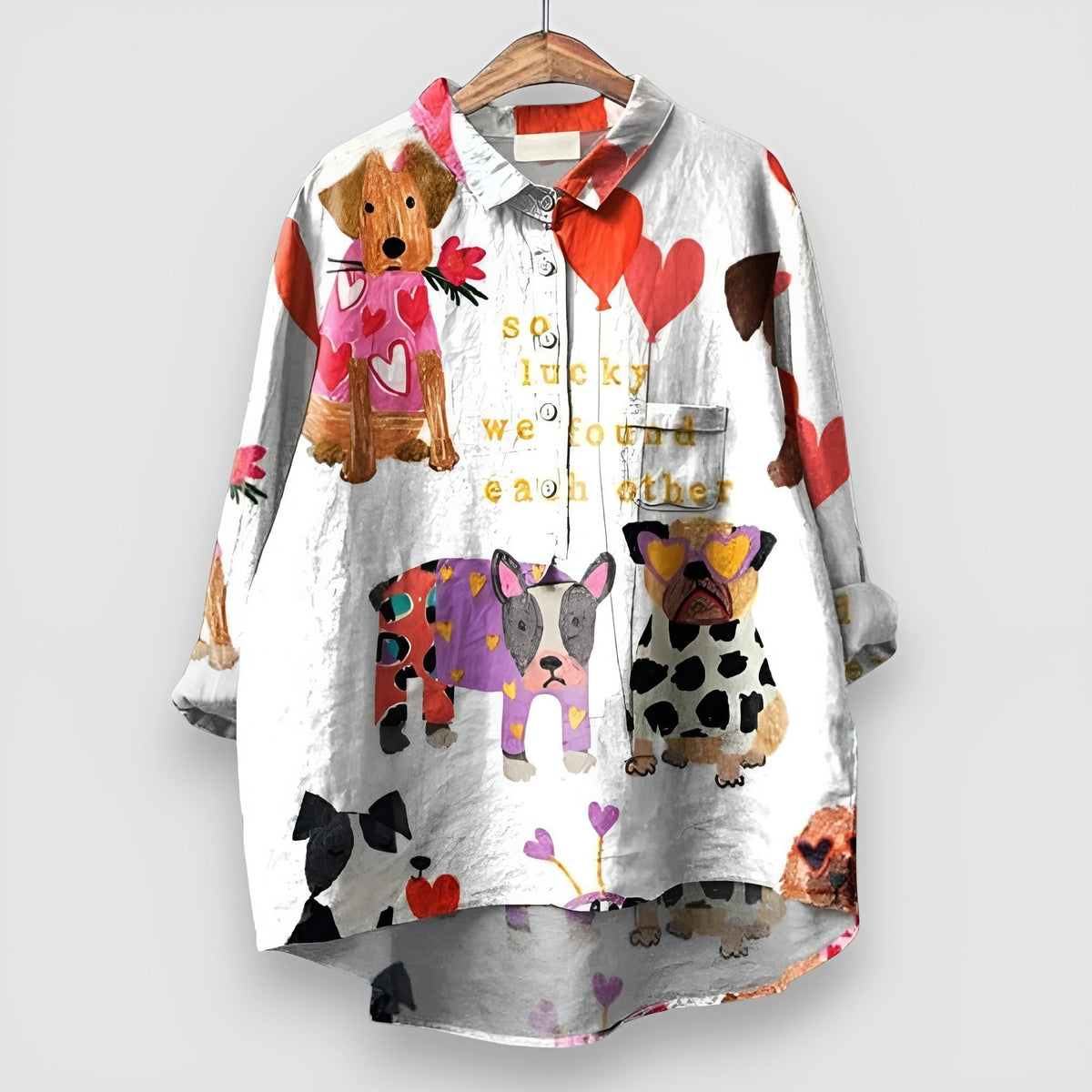 Blusa Camisera de Manga Larga Abotonada con Estampado Canino para Mujer