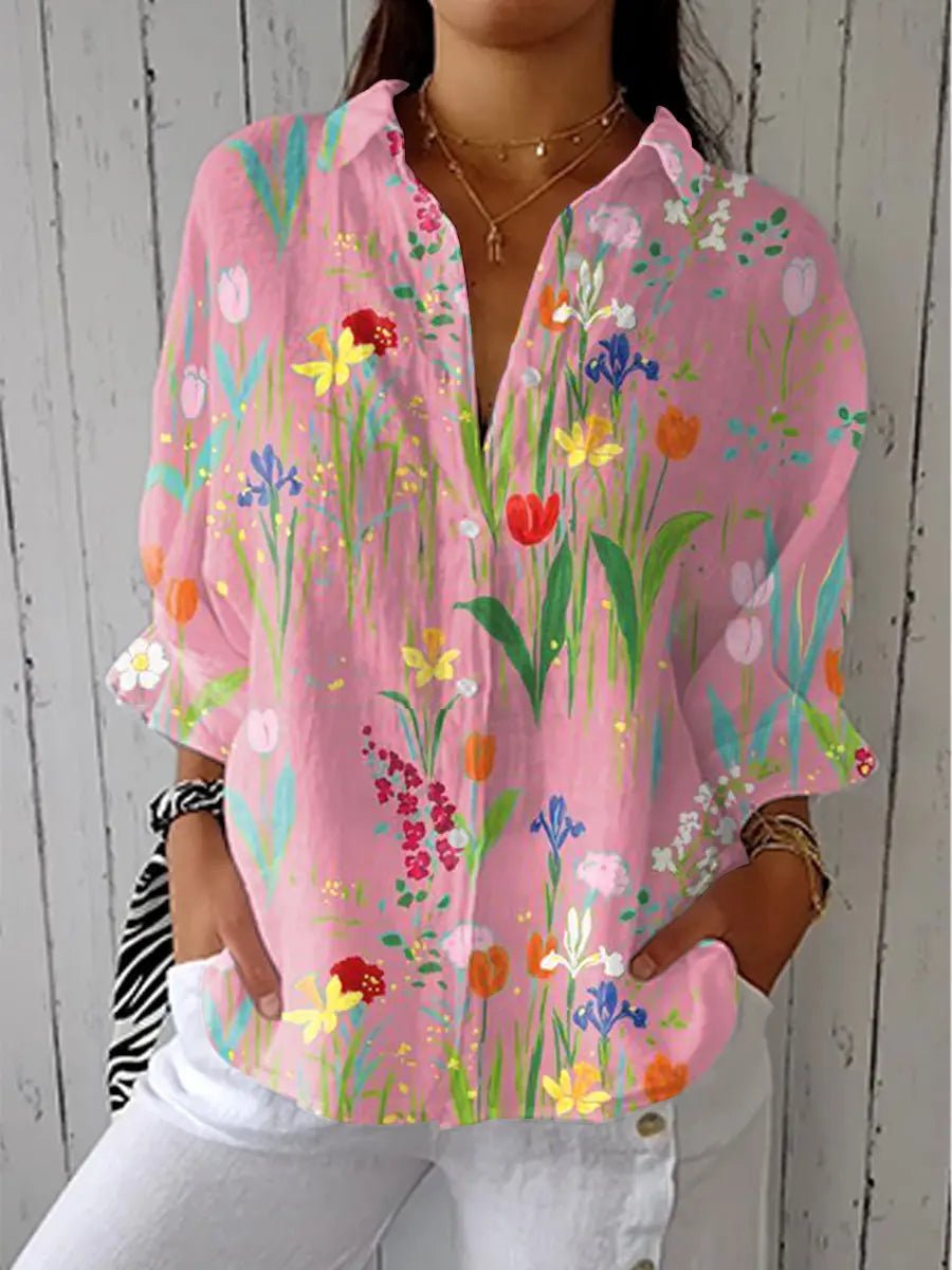Blusa Holgada con Estampado Botánico y Botones Frontales