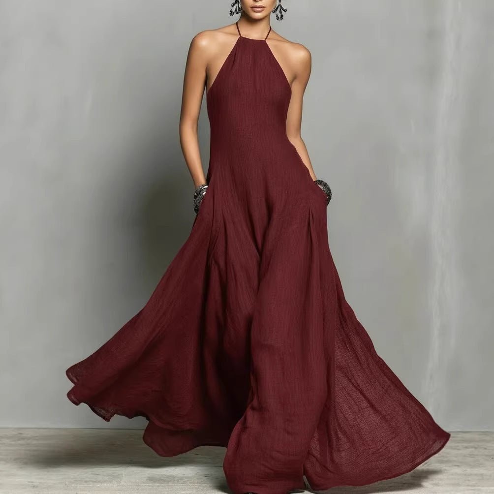 Vestido Maxi Fluido con Escote Halter en Mezcla de Lino