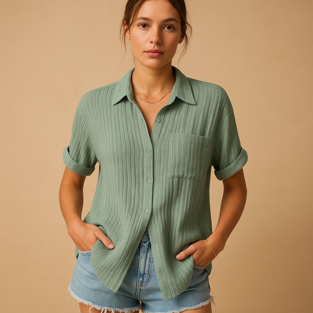Blusa Camisera Ligera de Manga Corta con Bolsillo Frontal para Mujer