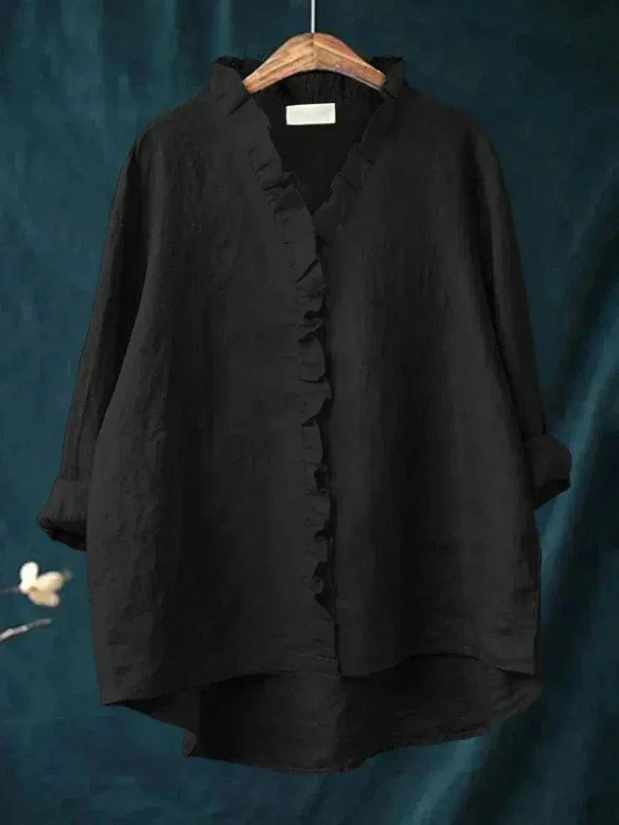 Blusa holgada en mezcla de lino y algodón con cuello de volantes