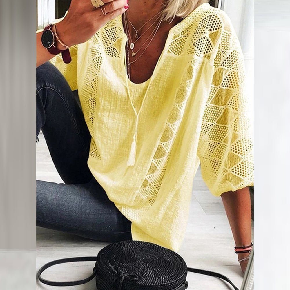 Blusa holgada estilo bohemio con mangas 3/4 y aplicaciones de crochet