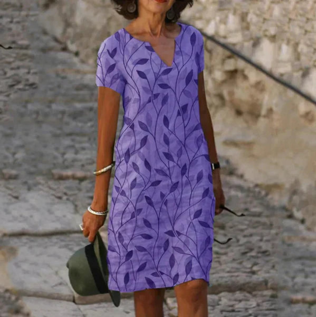 Vestido Fresco de Verano con Escote en V y Estampado de Hojas para Mujer
