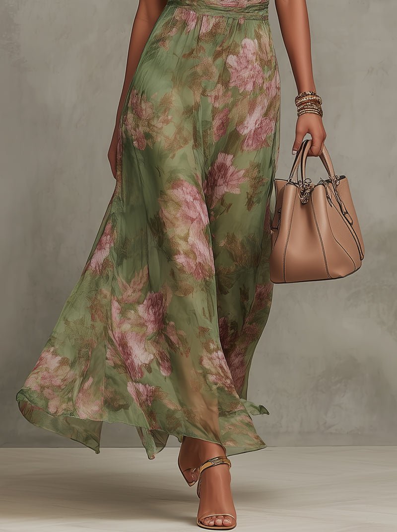 Vestido Largo Floral de Escote Halter sin Mangas