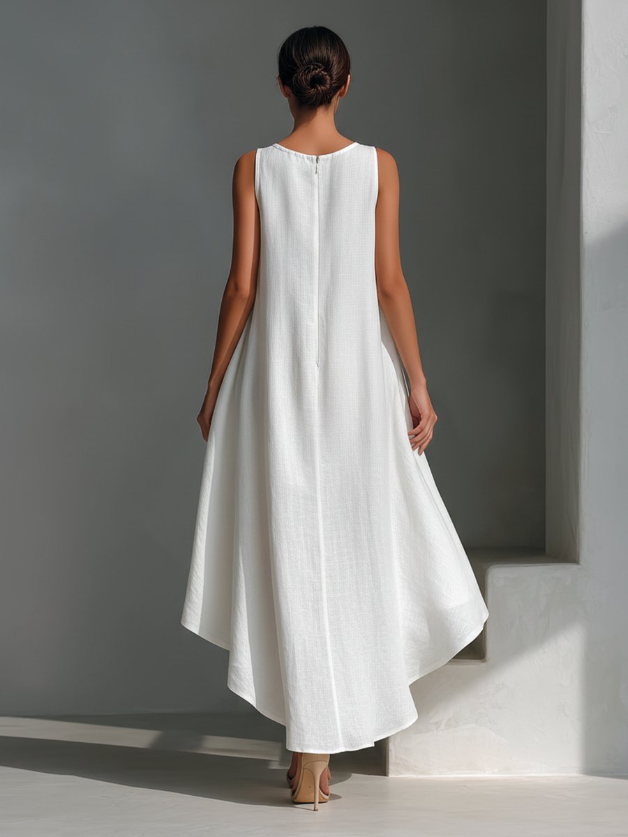 Vestido midi fluido de lino con bajo asimétrico sin mangas