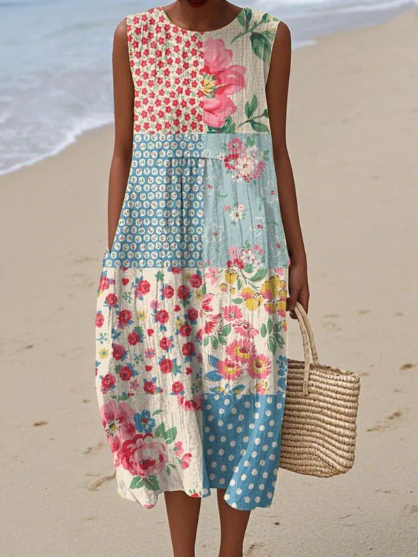 Vestido midi holgado sin mangas con diseño patchwork y estampado floral