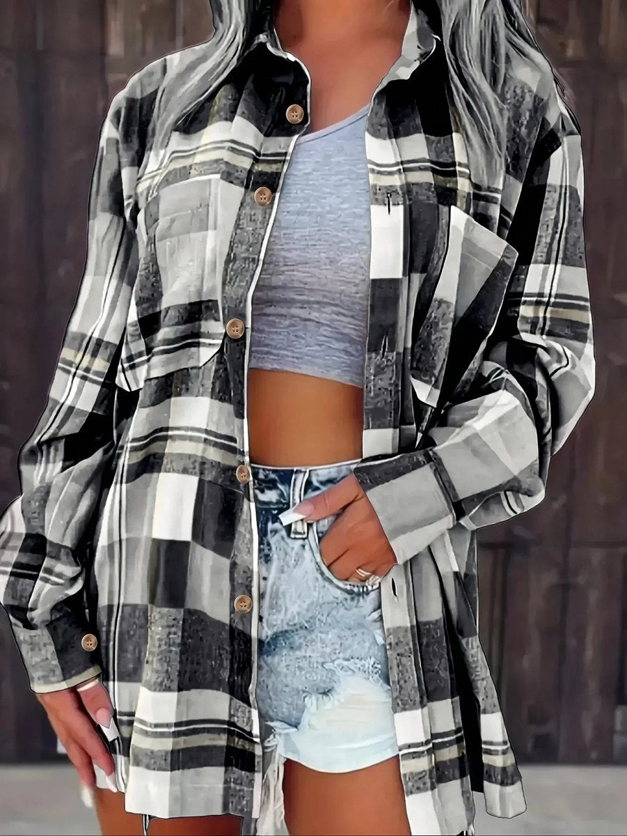 Sobrecamisa de franela a cuadros estilo cárdigan para mujer