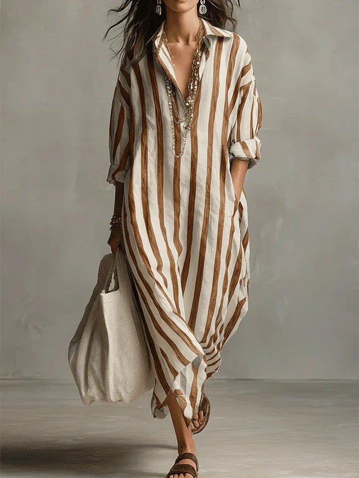 Vestido Largo Camisero de Lino a Rayas con Silueta Relajada