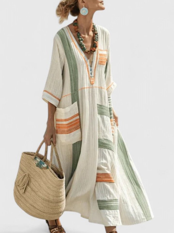 Vestido Largo Bohemio de Lino Holgado con Escote en V y Rayas