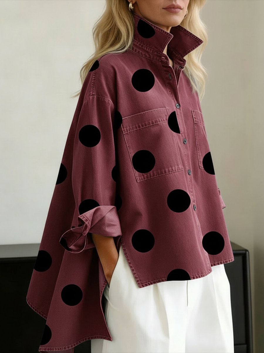 Camisa Holgada Abotonada de Manga Larga con Estampado de Lunares