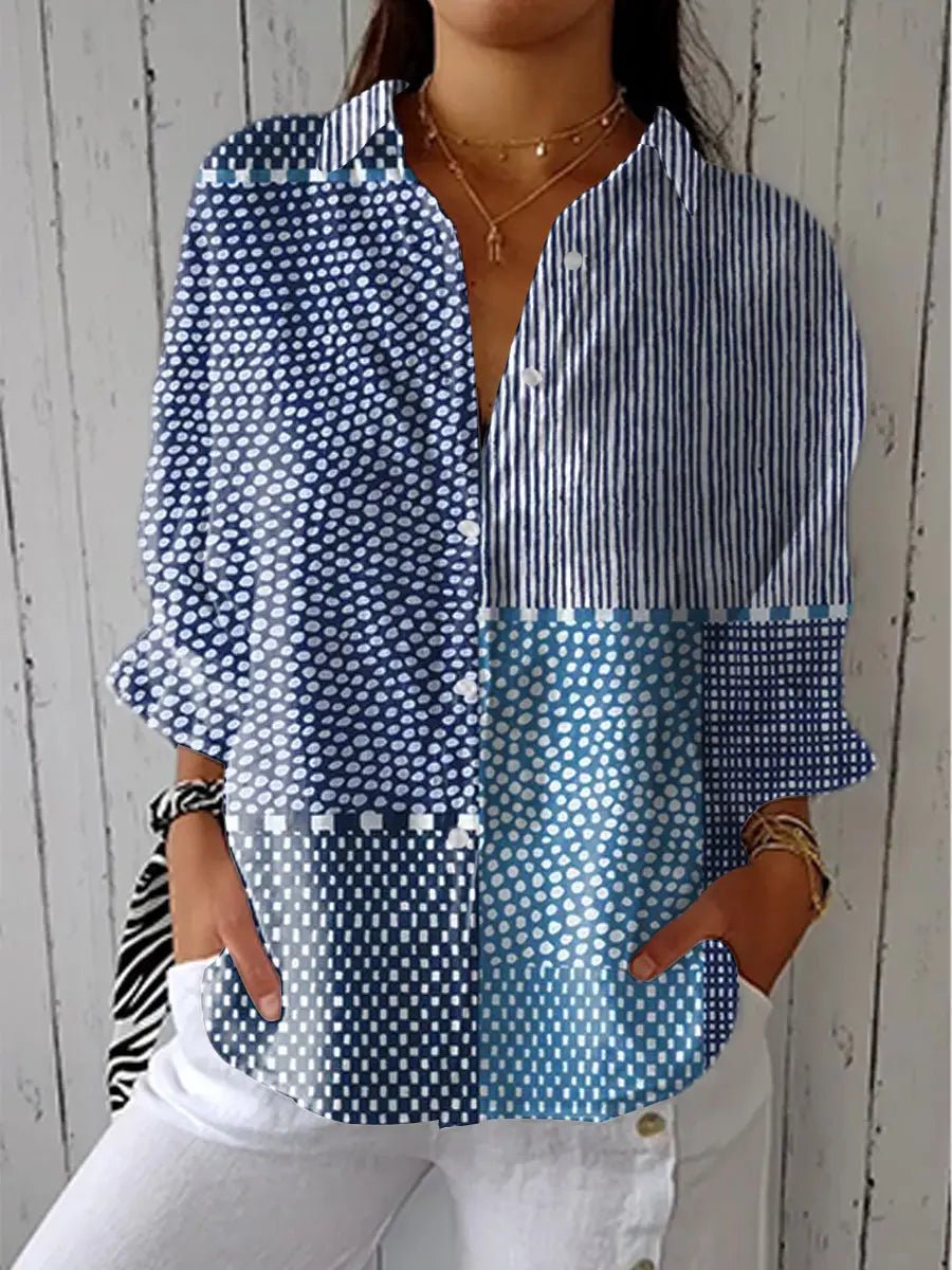 Camisa Holgada con Estampado Combinado a Rayas y Lunares con Escote en V