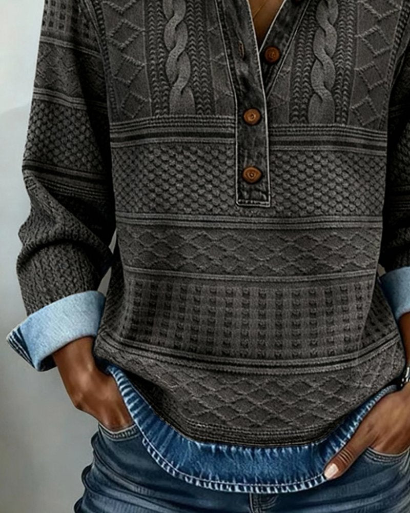 Suéter holgado de punto texturizado con cuello polo y botones para mujer