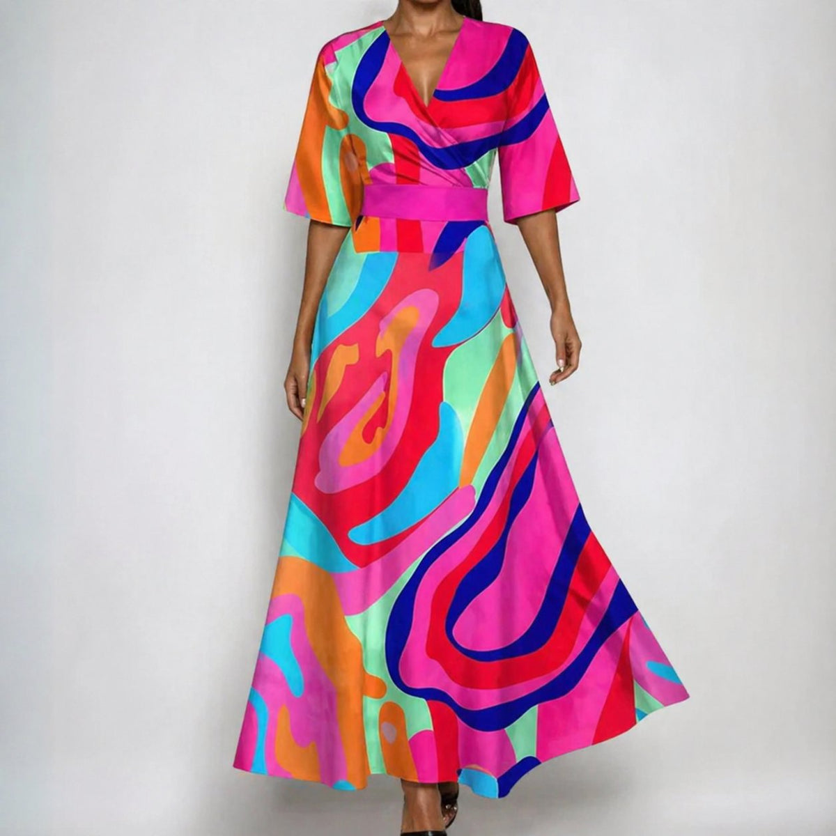 Vestido Largo Satinado Envolvente con Estampado Floral y Cinturón para Mujer
