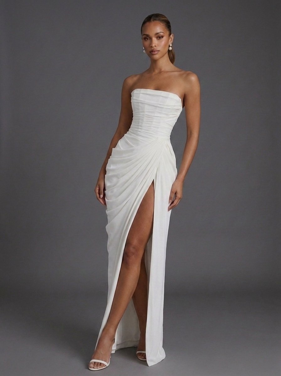 Vestido Largo Strapless con Busto Estilo Corsé y Abertura Lateral