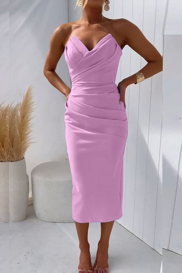 Vestido de fiesta midi ceñido strapless con diseño drapeado