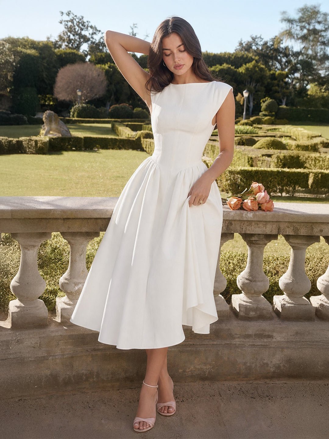 Vestido Midi Acampanado de Satén con Escote Barco para Mujer