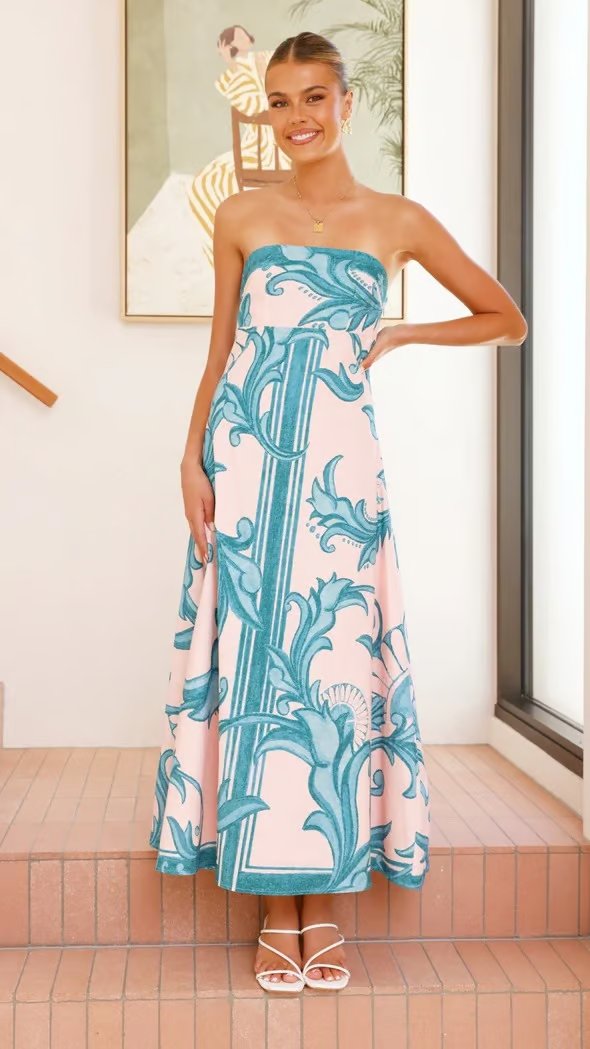 Vestido Maxi Strapless con Estampado Bohemio para Mujer