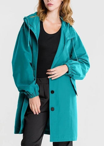 Chaqueta Larga Casual para Mujer con Capucha y Botonadura Frontal