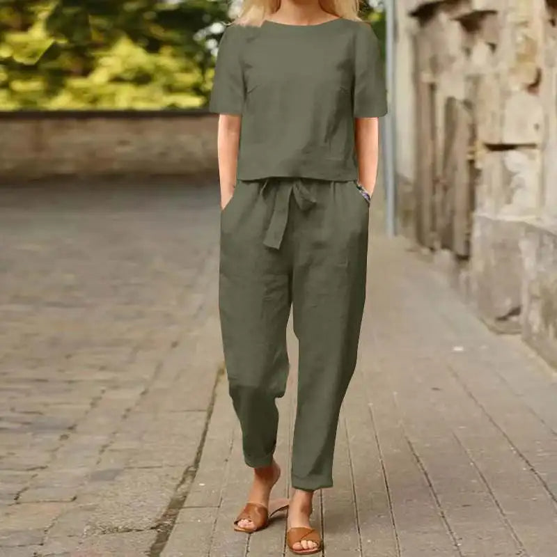 Set Casual de Dos Piezas para Mujer con Pantalón y Cinto Ajustable