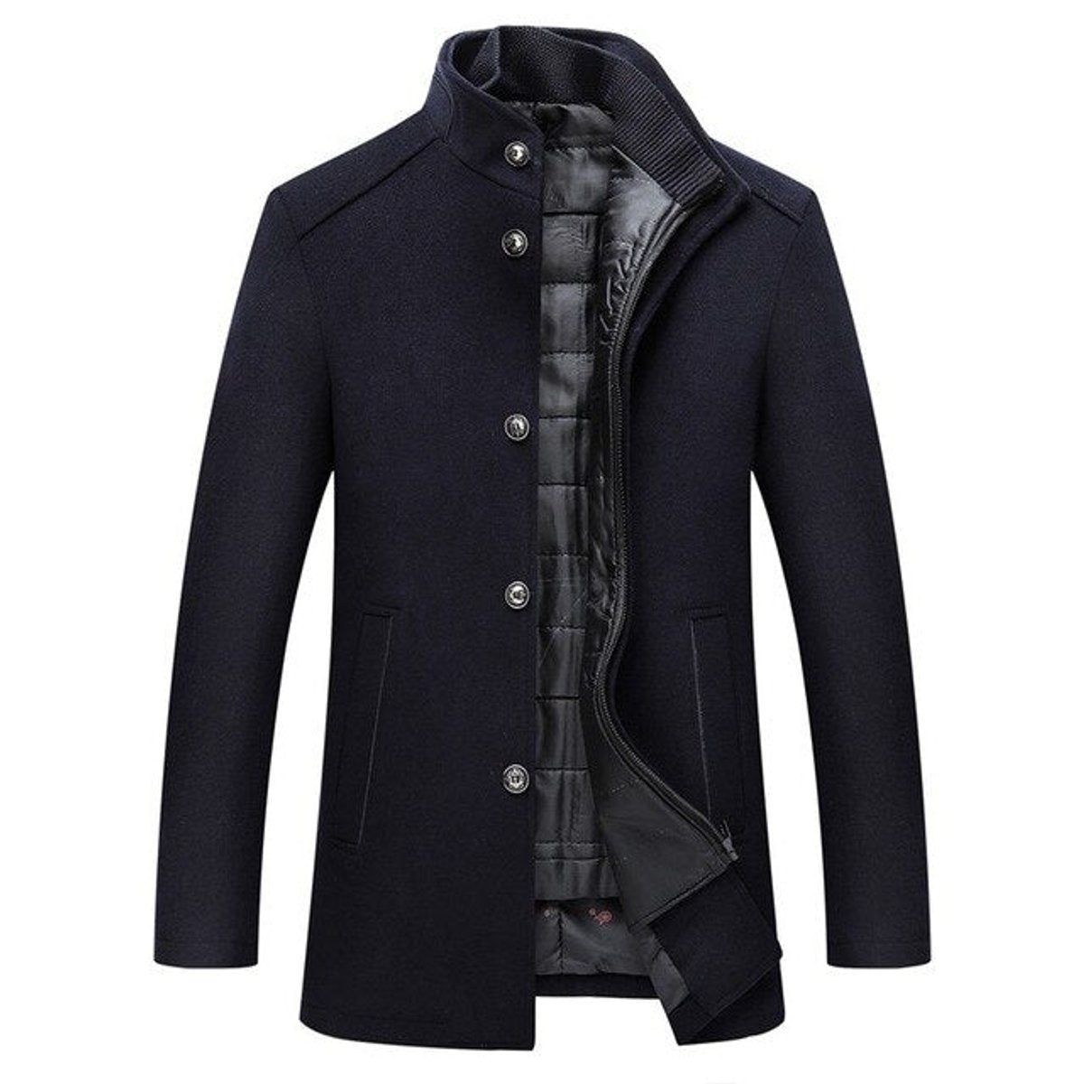 Chaqueta larga de invierno para hombre en mezcla de lana con cuello alto y forro acolchado