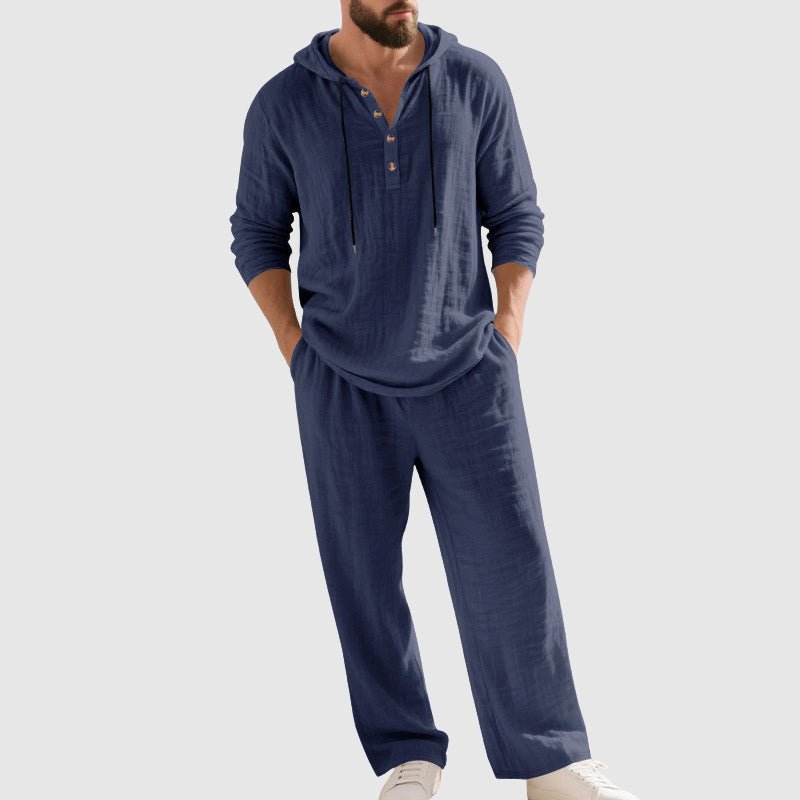 Conjunto casual de lino para hombre con capucha y pantalón ajustable